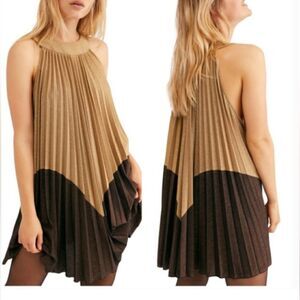 NWT Free People Pleated Love Mini Dress Gold Brown Shimmer Medium